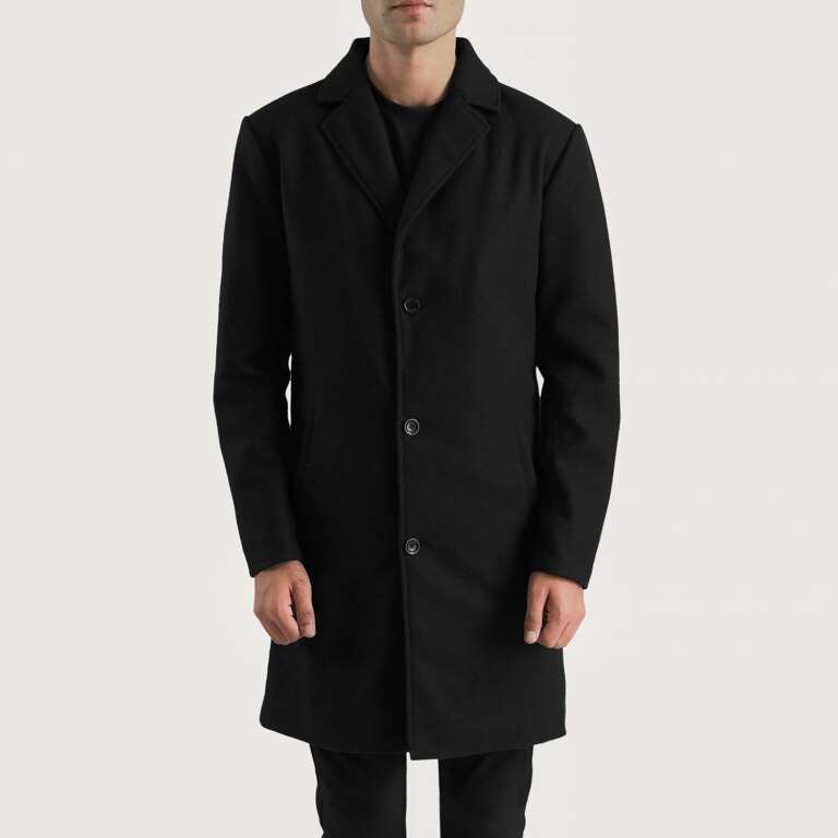 Mens Petrillo Black Wool Single Breasted Coat Close Front-5-1700233759894